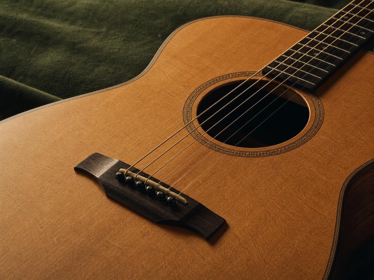 A close-up of an acoustic guitar showing its strings, soundhole, and natural wood grain