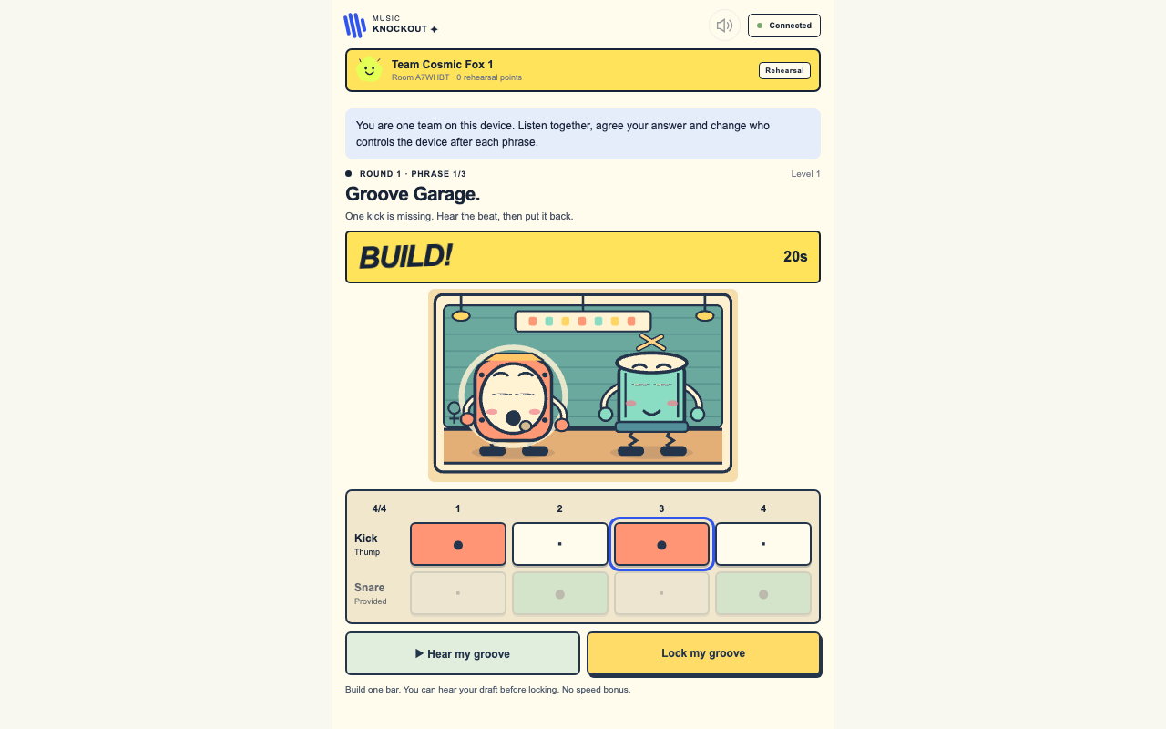 Music Knockout local rehearsal: repair a kick-drum pattern, hear it and lock an answer