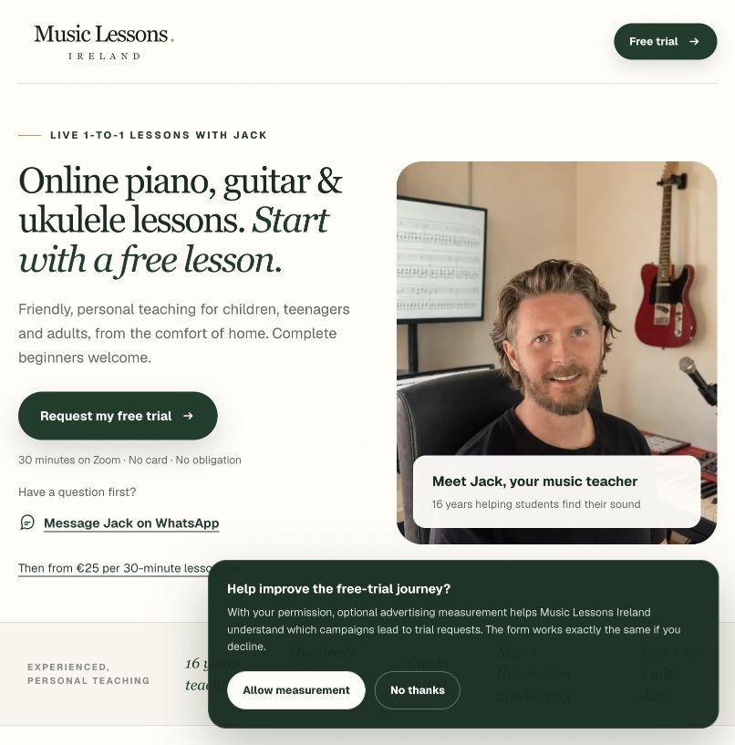 Live Music Lessons Ireland public teaching website