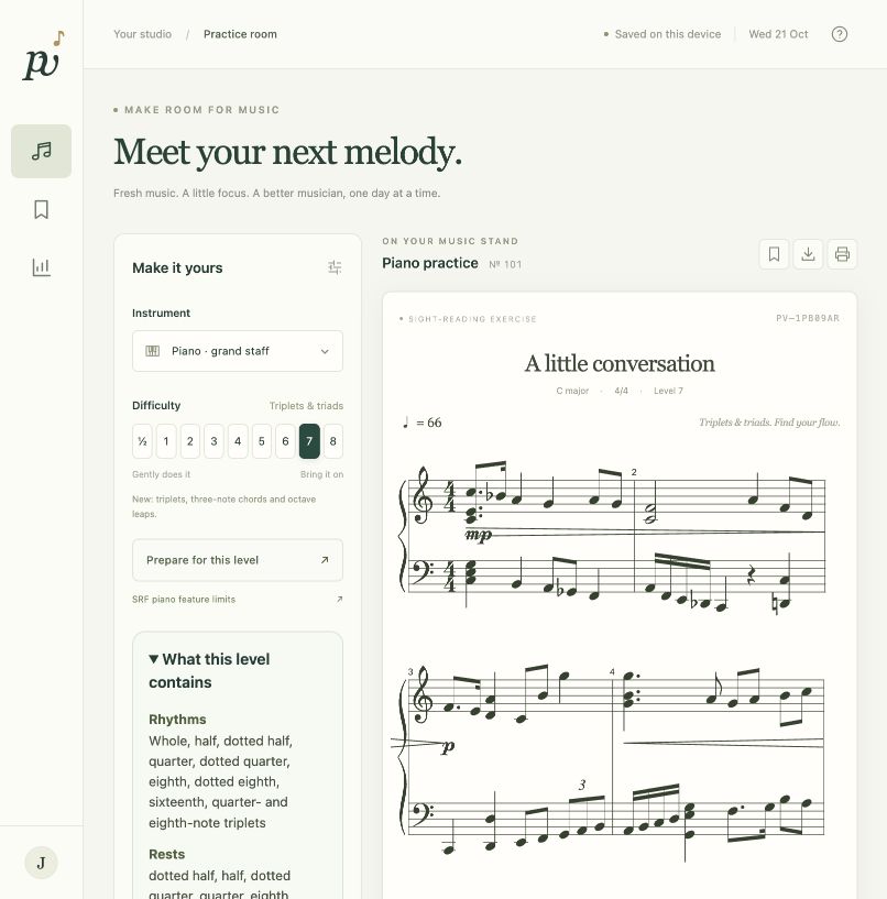 Prima Vista controls and generated piano notation